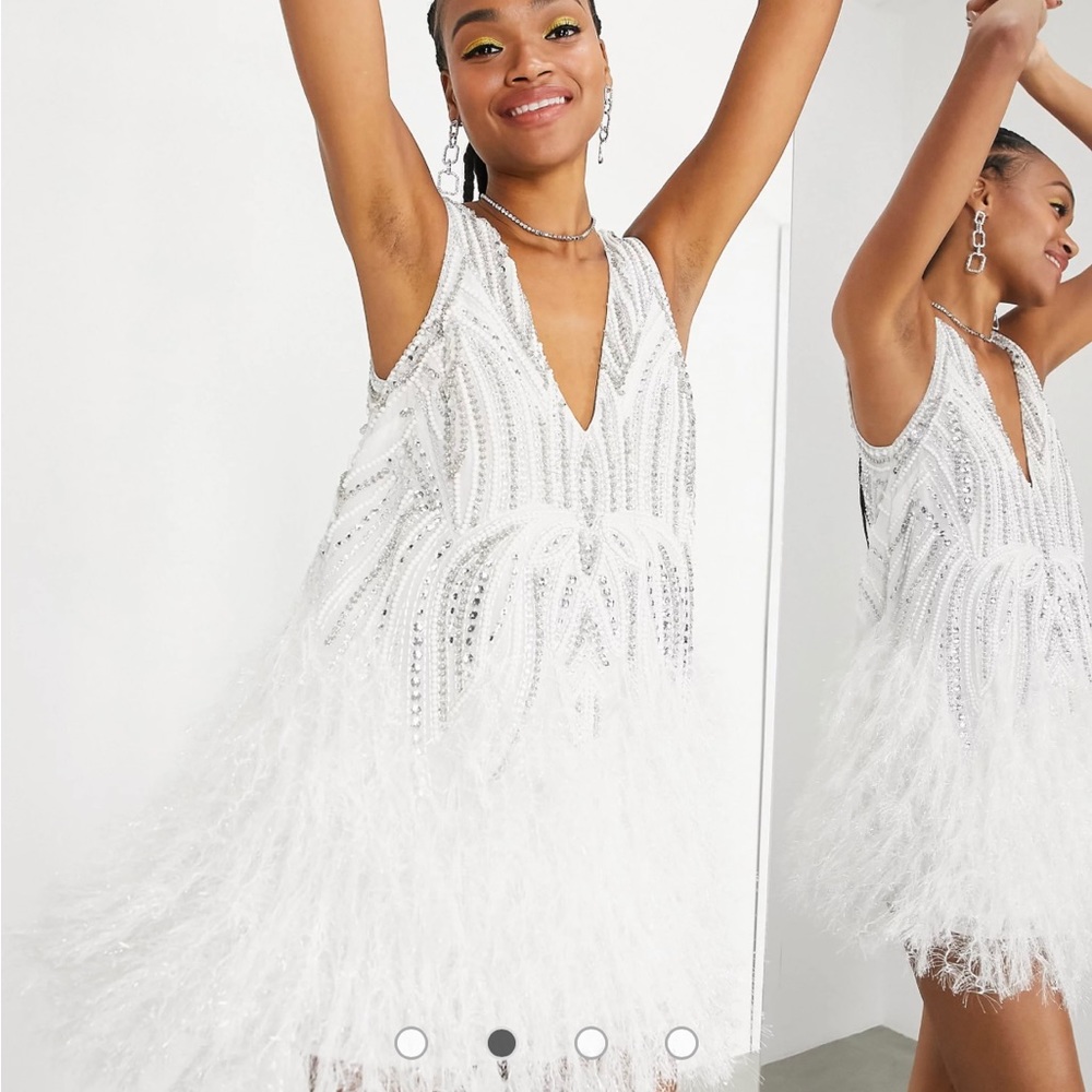 ASOS EDITION crystal and bead mini dress with faux feather hem in white